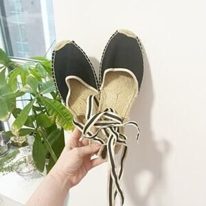 Soludos Black and Natural Espadrille Lace-Up Flats